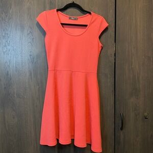 Lime Womens Coral Pink Textured Fit and Flare Skater Dress Cap Sleeve Large